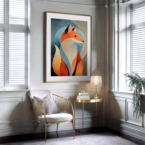 Thin gold-framed geometric fox print above a gold chair and glass side table.