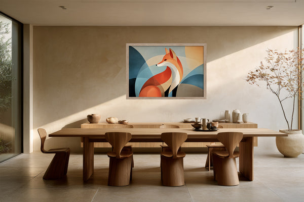 Light wood-framed geometric orange fox artwork above a long wooden dining table and sculptural chairs.