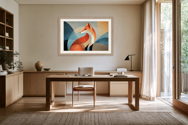 Light wood-framed geometric fox artwork above a wooden desk beside tall glass doors.