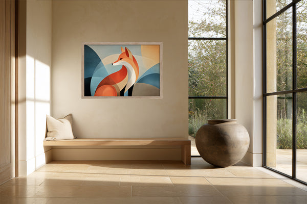 Light wood-framed orange fox artwork above a built-in bench beside large black-framed windows.