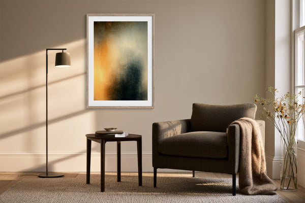 Framed Copper Veil artwork above a dark armchair, side table, and floor lamp.