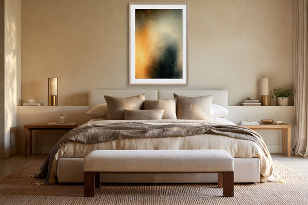 Copper Veil abstract wall art in a pale frame centered above a bed with neutral bedding.