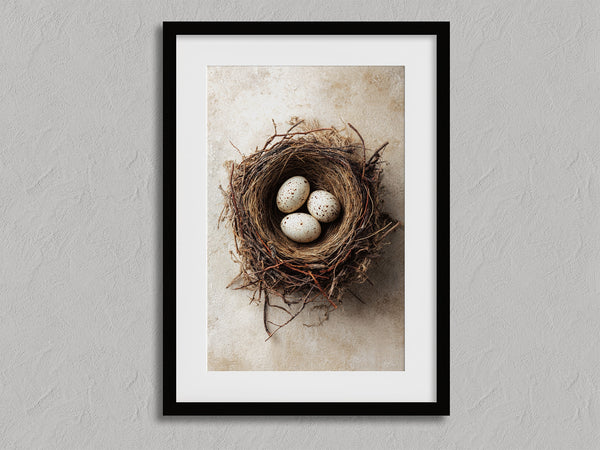 Three Small Beginnings shown in a black frame with a white border or mount.