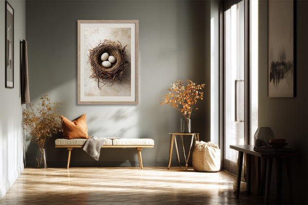 Framed bird nest artwork with three speckled eggs above a cushioned bench near tall windows.