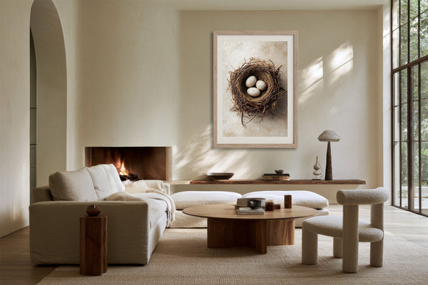 Framed bird nest artwork with three speckled eggs above a fireplace in a softly furnished living room.