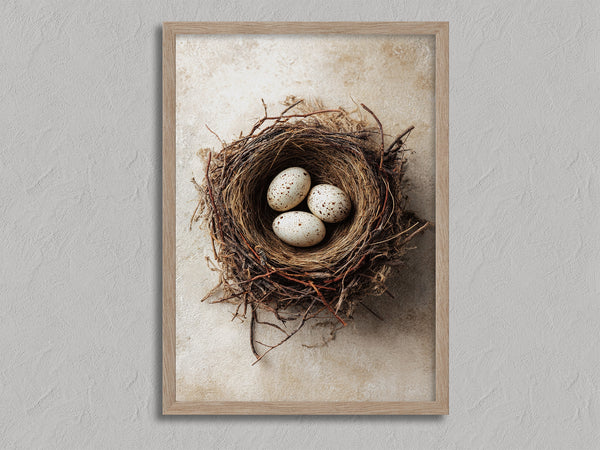 Three Small Beginnings shown in an oak frame without a border or mount.