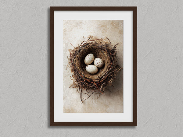 Three Small Beginnings shown in a walnut frame with a white border or mount.
