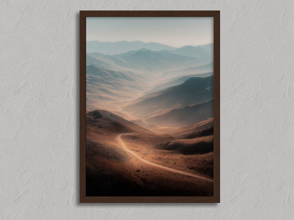 Winding Light - Desert Mountain Valley shown in a walnut frame without a border or mount.