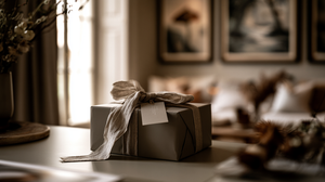 A beautifully wrapped fine art print gift placed on a calm neutral table, soft natural linen ribbon
