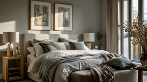  A calm and elegant bedroom interior featuring soft bedroom wall art above a linen upholstered bed