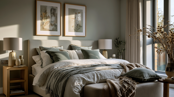  A calm and elegant bedroom interior featuring soft bedroom wall art above a linen upholstered bed