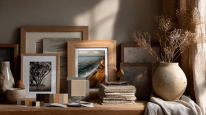 A calm editorial blog cover image showing an interior styling mood board for wall art
