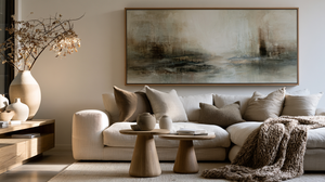  A calm elegant modern living room featuring large wall art as the focal point above a soft linen sofa