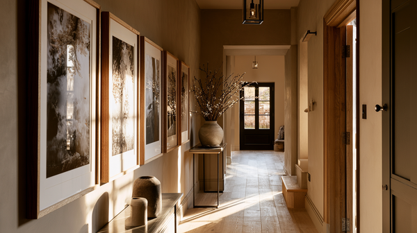  A calm elegant narrow hallway interior styled with framed wall art