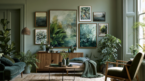 A calm living room features a gallery wall adorned with mixed landscape abstract and botanical art prints