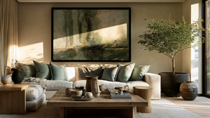 A calm refined contemporary living room interior designed around carefully chosen wall artnd quietly personal to your home.