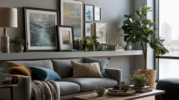 A close-up view of overlapping framed art prints in various sizes displayed on a slim picture ledge