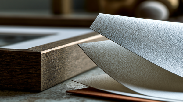 A close-up view of textured fine art paper rests beside a wooden frame
