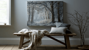 Misty forest canvas above a wooden bench with a wool throw and soft winter styling.