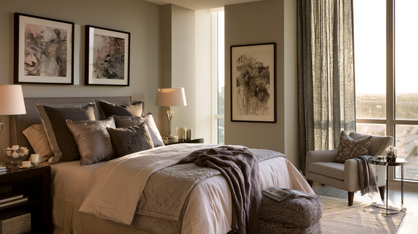 A neutral bedroom features a stylish headboard with framed abstract artwork above it