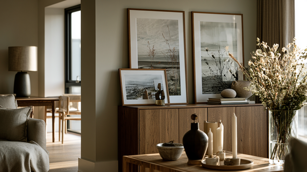 A renter-friendly home interior styled with wall art
