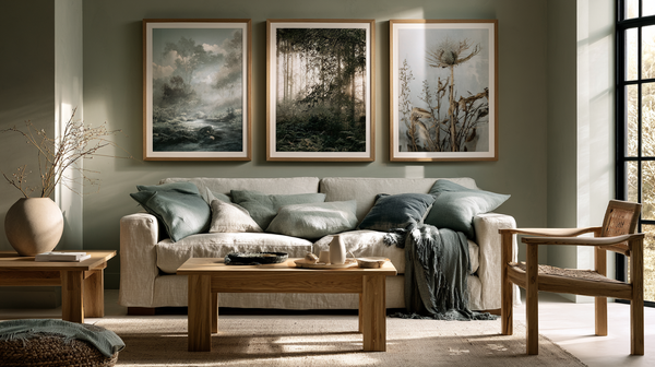  A serene contemporary living room styled with nature-inspired wall art