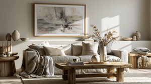 A serene modern living room featuring large abstract wall art as the focal point