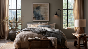 A soft abstract fine art print hangs above a bed in a calm, neutral bedroom