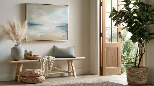 A soft coastal horizon artwork, featuring gentle colours that evoke tranquility