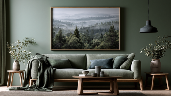 Elegant interior hero image for a blog about forest wall art, large framed woodland artwork as the focal point,