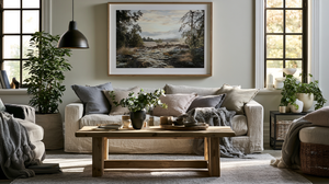 The image depicts a calm living room featuring a large nature-inspired framed print as a new focal point above a neutral sofa