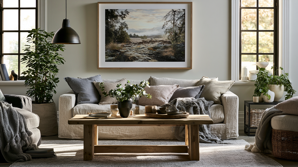 The image depicts a calm living room featuring a large nature-inspired framed print as a new focal point above a neutral sofa