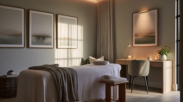 The image depicts a calm wellness treatment room featuring neutral framed prints of serene landscape