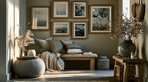 Hallway gallery wall with oak-framed nature prints in soft, muted tones