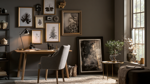 The image features a home office wall designed as a balanced gallery wall, showcasing a collection of nature prints