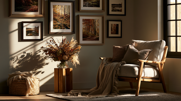 Gallery wall of framed woodland prints with dried stems, warm neutral textiles and calm autumn styling.