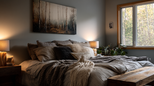 This inviting Airbnb bedroom features a soft forest print as wall art above the bed