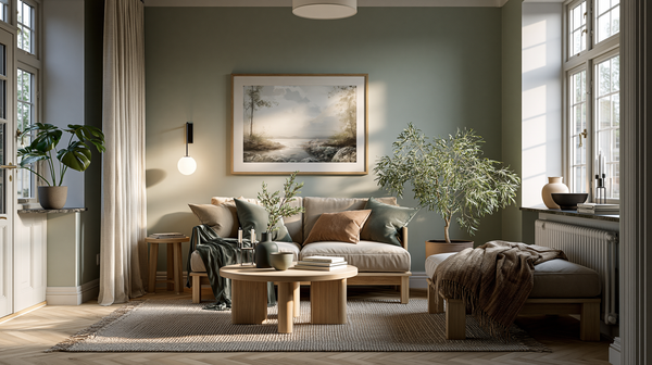 a calm, stylish small apartment interior with thoughtfully placed wall art, compact living room in a modern flat