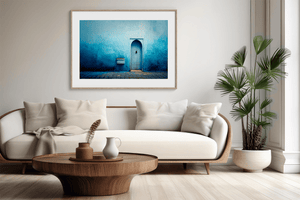 Framed fine art print of a Moroccan blue doorway. Minimalist travel-inspired wall art full of calm, texture, and timeless charm.