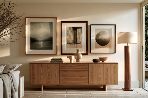  professionally photographed contemporary interior, three coordinated fine art prints displayed together