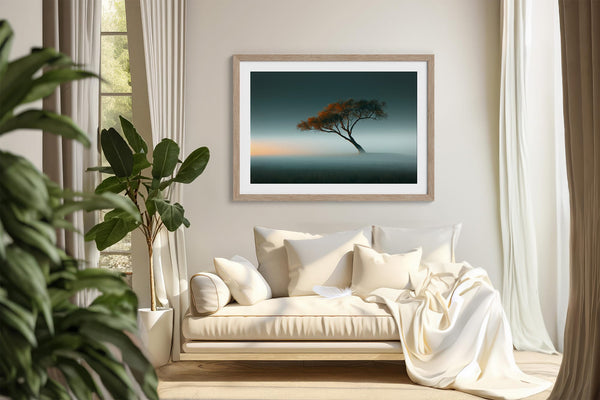 Lone orange autumn tree leaning through mist beneath a soft teal sky.