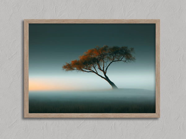 Lone orange autumn tree leaning through mist beneath a soft teal sky.