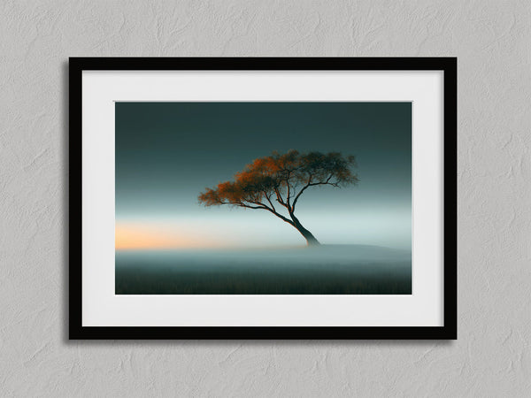 Lone orange autumn tree leaning through mist beneath a soft teal sky.