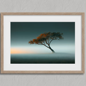 Lone orange autumn tree leaning through mist beneath a soft teal sky.