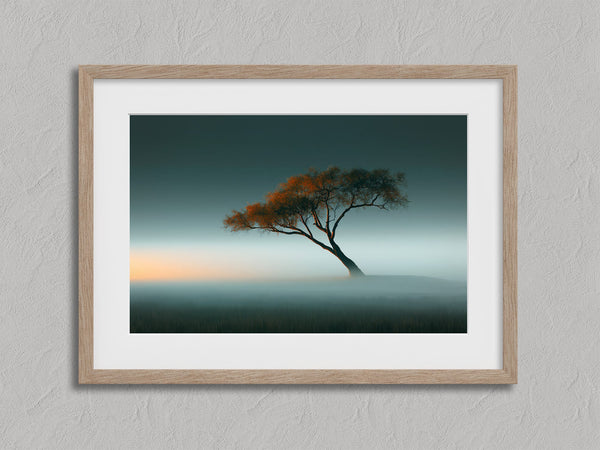Lone orange autumn tree leaning through mist beneath a soft teal sky.