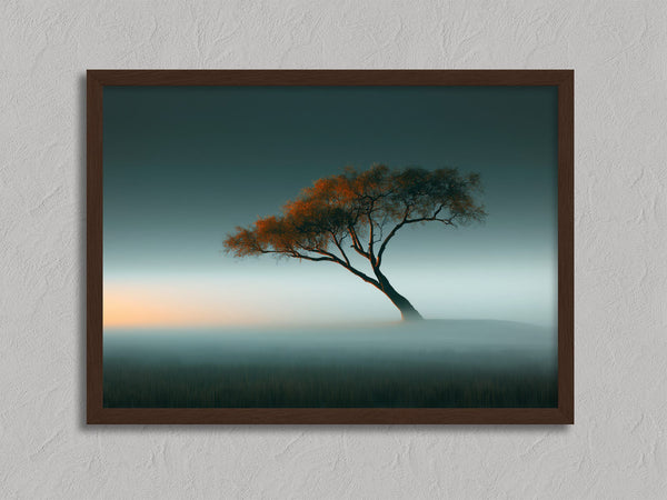 Lone orange autumn tree leaning through mist beneath a soft teal sky.