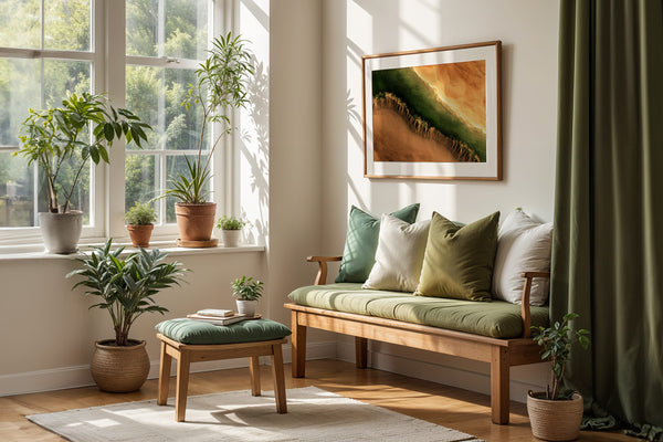 A framed landscape art print featuring a green and orange canyon scene