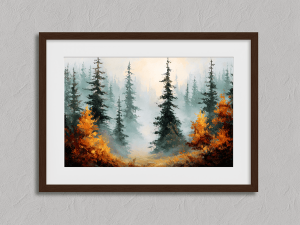 Misty evergreen forest with deep green pines and warm orange autumn foliage.