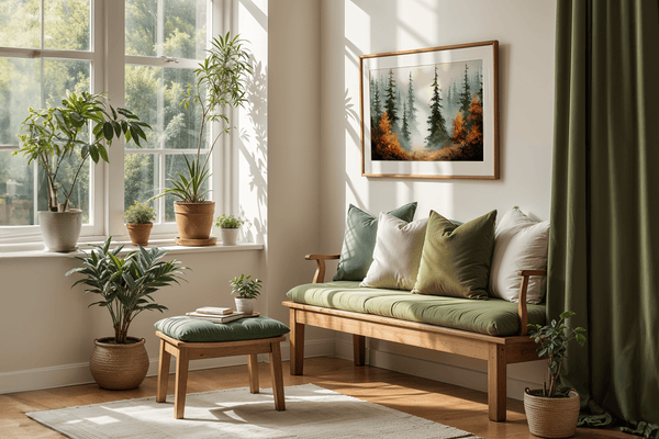 Misty evergreen forest with deep green pines and warm orange autumn foliage.