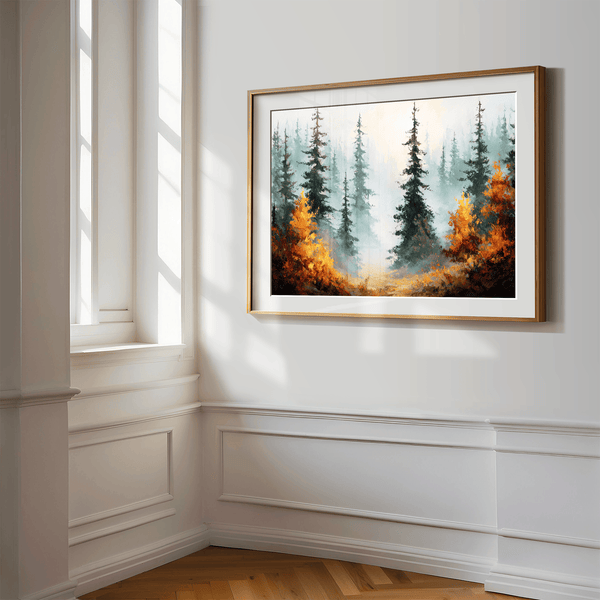 Misty evergreen forest with deep green pines and warm orange autumn foliage.